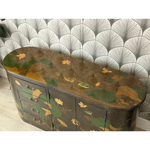 Vintage Mid-Century Modern Hand-Painted Asian Chinese Chinoiserie-Style Lacquered Oval Credenza Buffet Sideboard Cabinet For Sale - Image 12 of 18