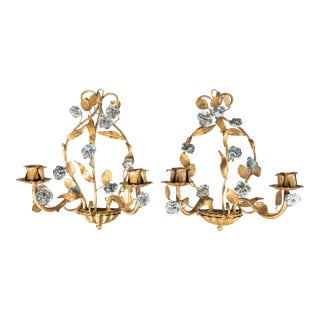 Romantic Vintage Italian Gilt Tole & Blue Poppy Flowers Candle Sconces - a Pair For Sale