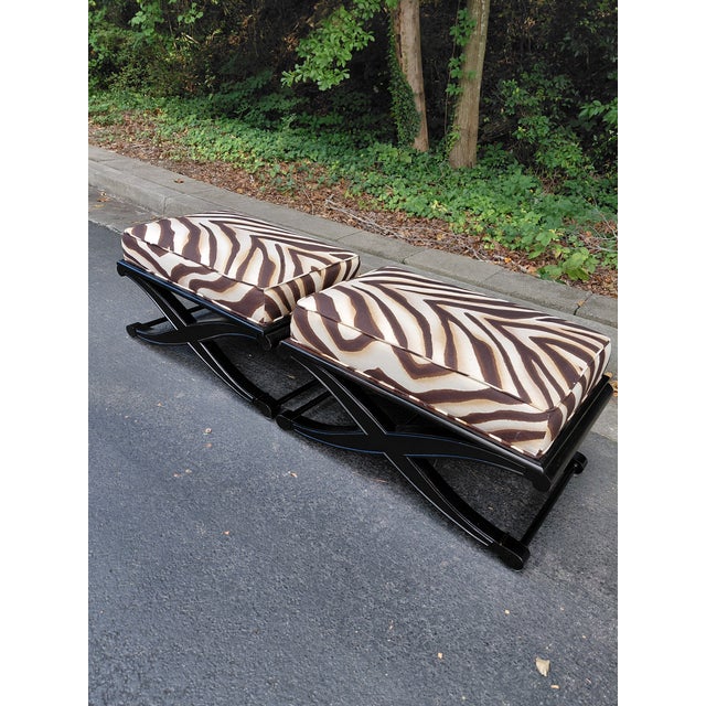Wood Pair of Vintage X-Base Benches in Ralph Lauren Zebra Fabric For Sale - Image 7 of 9