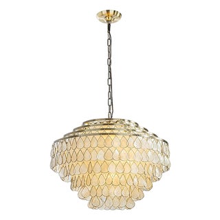 Aloadecor 7-Light 24'' Mid-Century Modern Coastal Aged Bronze 4-Tier Natural Capiz Shell Chandelier Vintage Glam Pendant Light For Sale