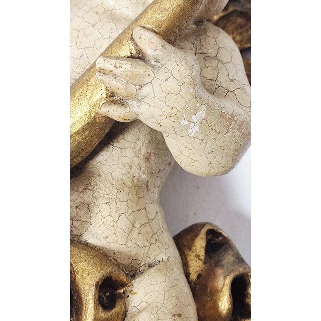 Winged Putto Playing the Wind Instrument Carved in Wood, Early 1900s For Sale - Image 8 of 17