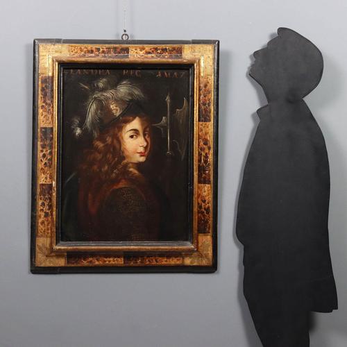 Oil on canvas. It depicts a young woman wearing a helmet and chain mail, holding a halberd. Above her is her identifying...