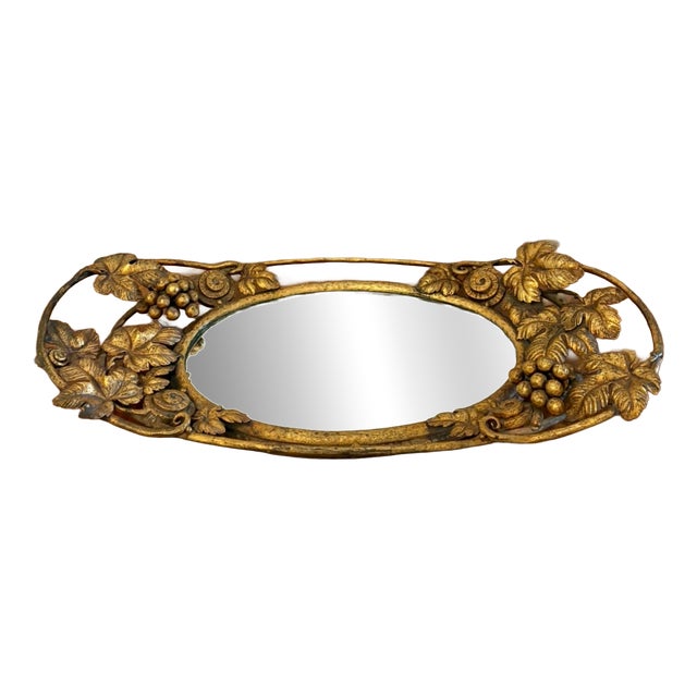 Antique Edwardian Gilt Metal Mirrored Grape Vine Drinks Serving Tray, 1900 For Sale