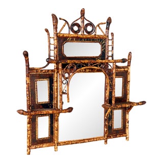 Late 19th Century English Aesthetic Movement Bamboo Étagère Mirror With Japanned Panels and Shelves For Sale