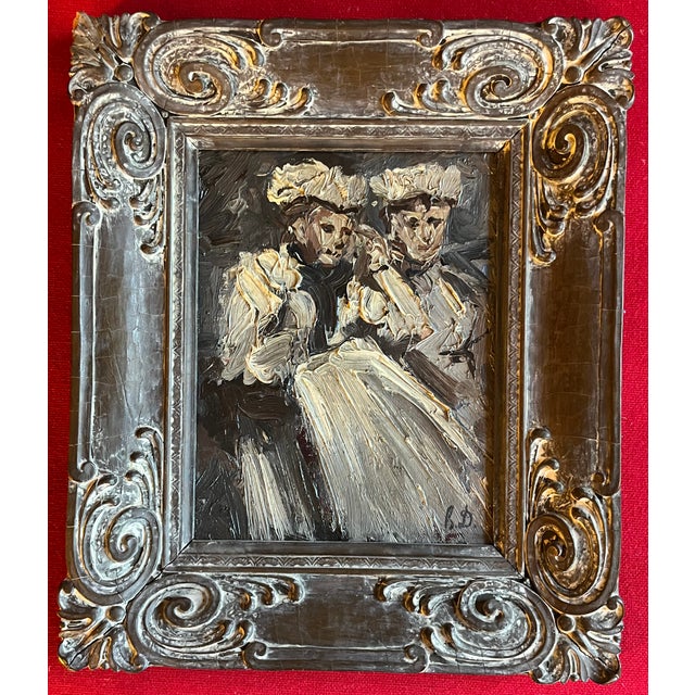 Antique 19th Century Continental Impressionist Oil Painting Portrait of Two Women in White Dresses For Sale - Image 4 of 12