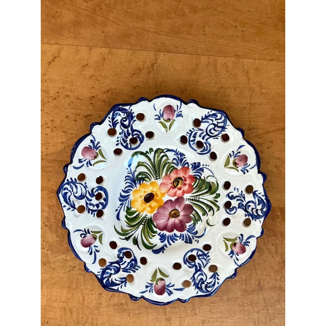 Vintage Portuguese Pierced Ceramic Floral Plate For Sale In West Palm - Image 6 of 12