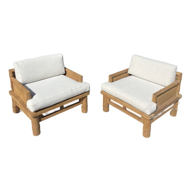 2 McGuire Teak Lounge Chairs, Faux Bamboo Brutalist Style W/ Larsen Boucle Cushions For Sale