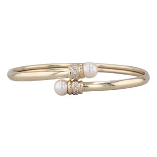 Cultured Pearl Diamond Bypass Bangle Bracelet 14k Yellow Gold 6.5" For Sale