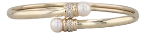 Cultured Pearl Diamond Bypass Bangle Bracelet 14k Yellow Gold 6.5"