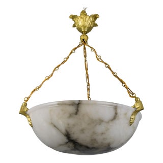 Large White Alabaster with Black Veins & Bronze Pendant, 1920s For Sale