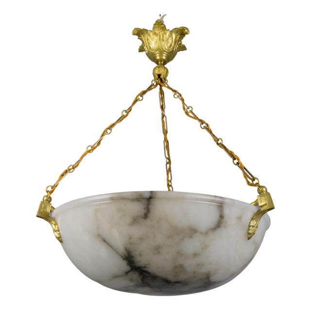 Large White Alabaster with Black Veins & Bronze Pendant, 1920s For Sale