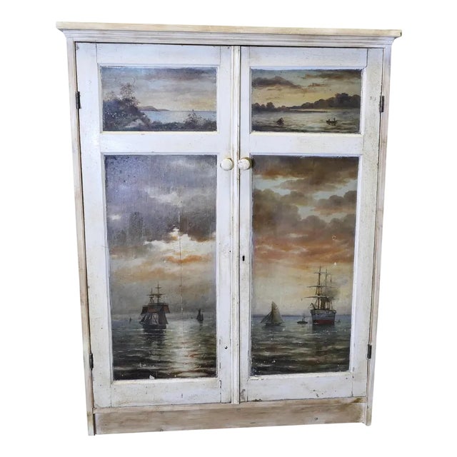 Hand Painted Cabinet with Four Oil Seascape Paintings For Sale