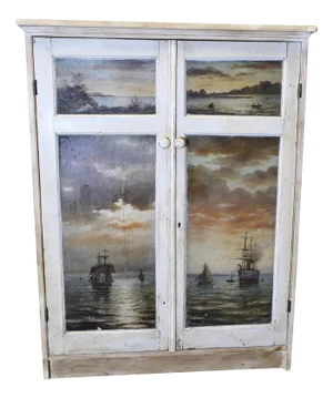 Hand Painted Cabinet with Four Oil Seascape Paintings