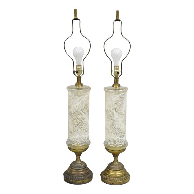 Mid 20th Century Italian Hollywood Regency Glass Cylinder Palm Leaf Painted Table Lamp - A Pair For Sale