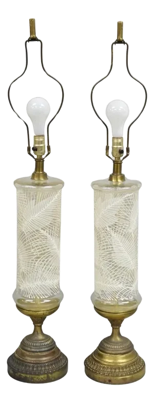 Mid 20th Century Italian Hollywood Regency Glass Cylinder Palm Leaf Painted Table Lamp - A Pair