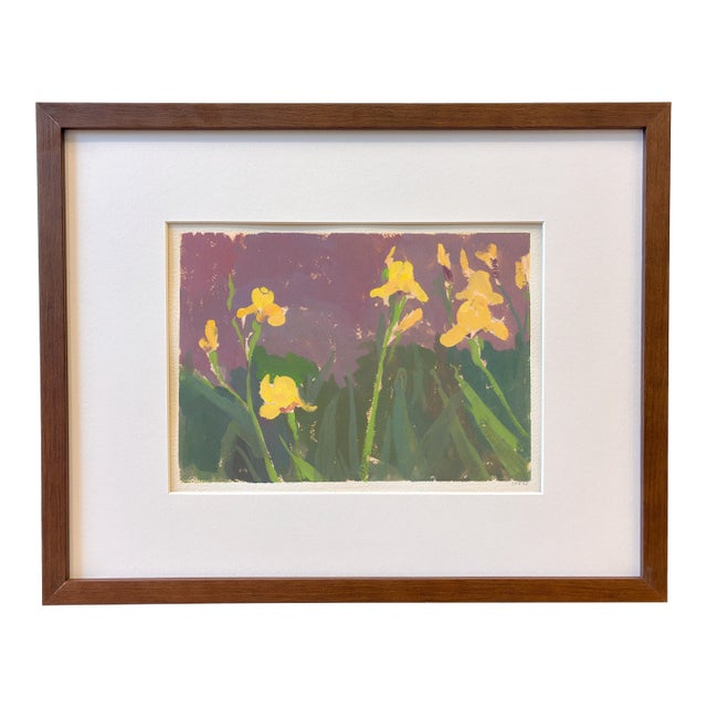 Yellow Iris Framed Original Painting by Michelle Farro For Sale