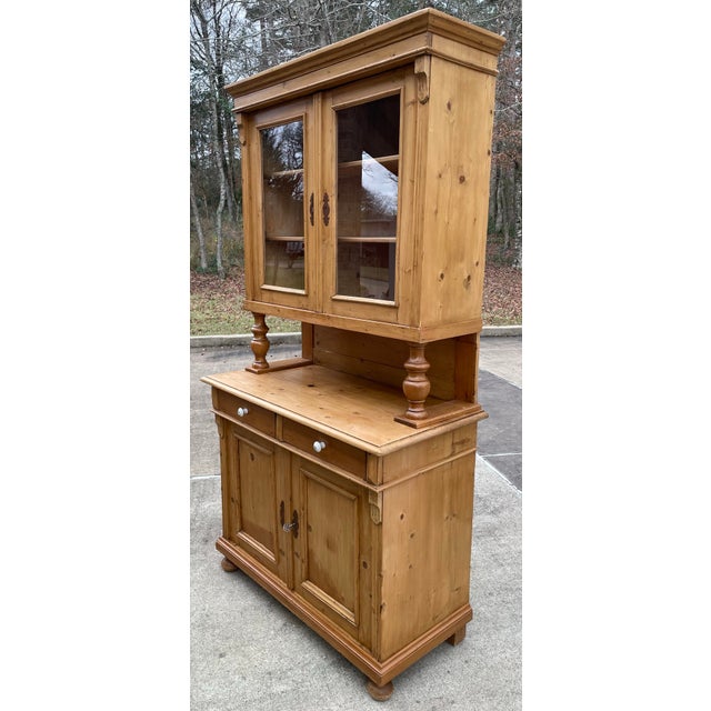 Early 20th Century Vintage European Waxed Pine Cupboard With Glass Doors on Top For Sale - Image 5 of 12
