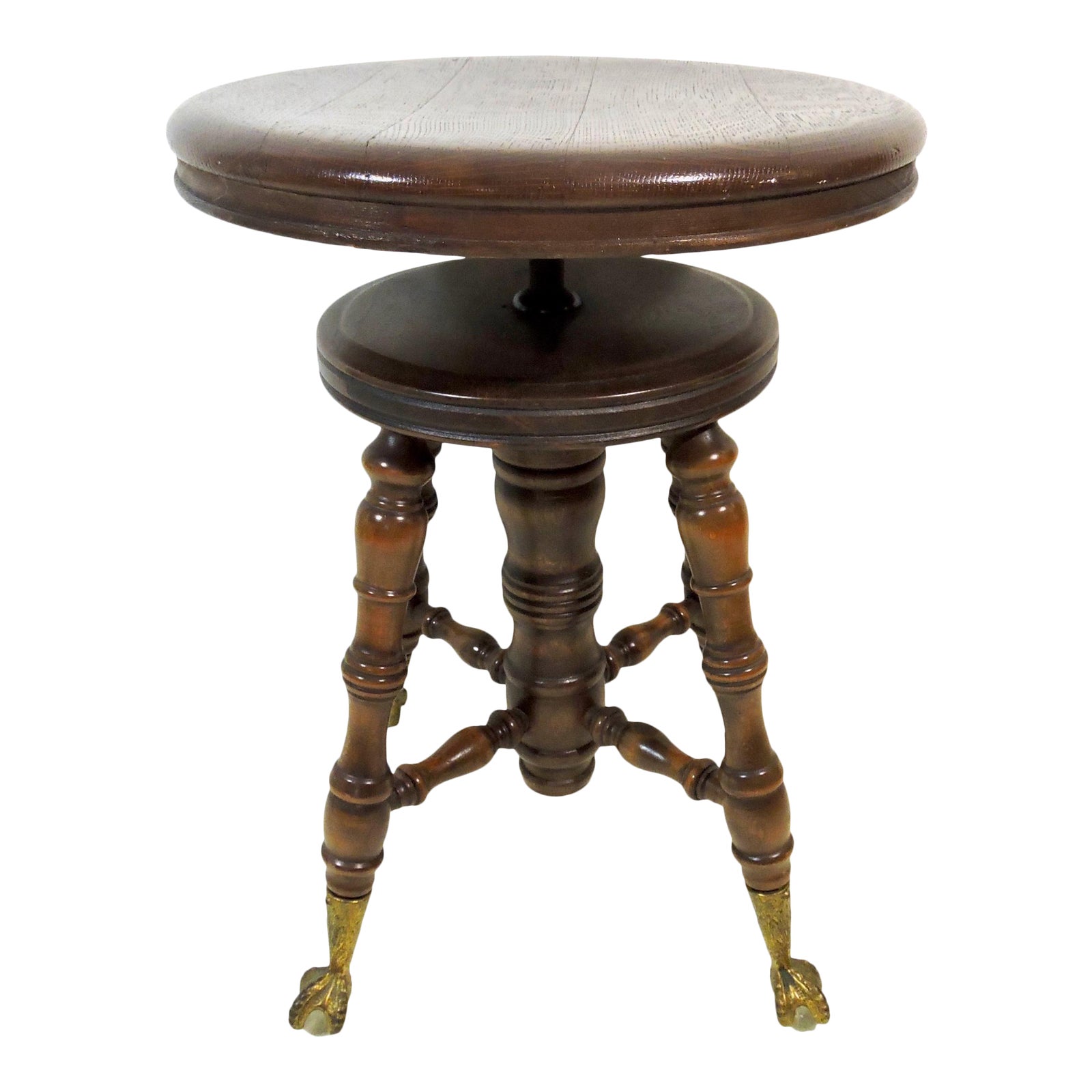 1900s Antique W. Doherty Swivel Piano Stool With Ball & Claw Glass Feet