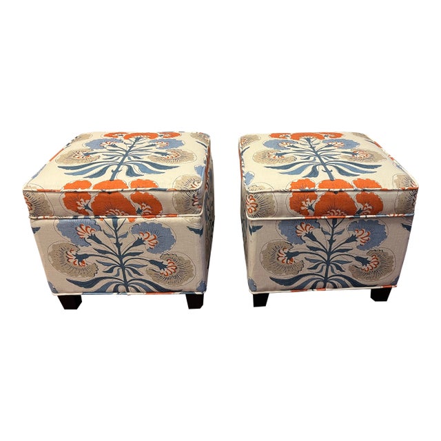 Custom Made Pair of Cube Ottomans in Thibaut Fabric For Sale