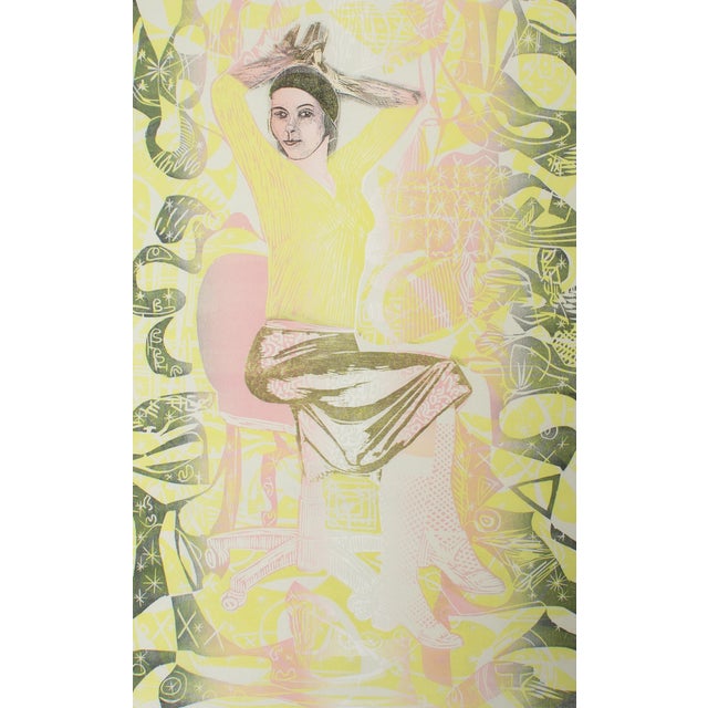 A monoprint by the American artist Ed Funk (1953-2013). This piece features a seated woman posing with her arms above her...
