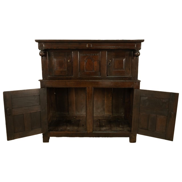 English Antique Early 18th Century Welsh English Deuddarn Carved Oak Court Cupboard 1737 For Sale - Image 3 of 16