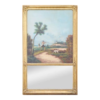 19th Century English Gilt Trumeau Mirror with Hunting Scene Oil Painting For Sale