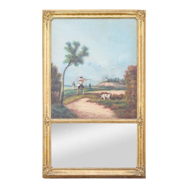 19th Century English Gilt Trumeau Mirror with Hunting Scene Oil Painting For Sale