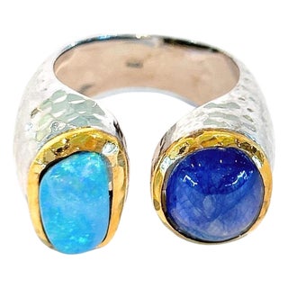 Bochic"Capri" Vintage Opal & Blue Sapphire Cocktail Ring 18k Gold & Silver For Sale