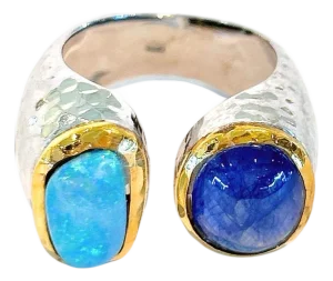 Bochic"Capri" Vintage Opal & Blue Sapphire Cocktail Ring 18k Gold & Silver