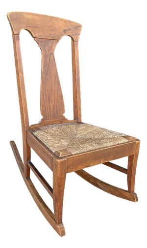 Early 1900s Handcrafted Arts & Crafts Mission-Style Rocking Chair With Woven Rush Seat