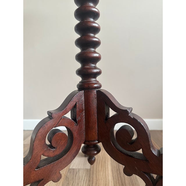 c.1860 Victorian Barley Twist Tripod Carved Mahogany Wine/Side Table Hand-Carved Pedestal, Scalloped Top For Sale - Image 4 of 8