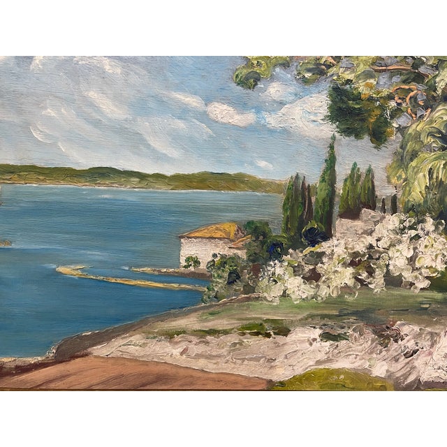 Vintage Coastal Landscape Painting in Impressionist Style, Framed Seascape With Sailboat - Unknown Artist For Sale In Seattle - Image 6 of 10
