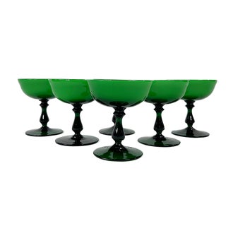 1960's Italian Carlo Moretti Emerald Green Cased Champagne Coupes - Set of 6 For Sale