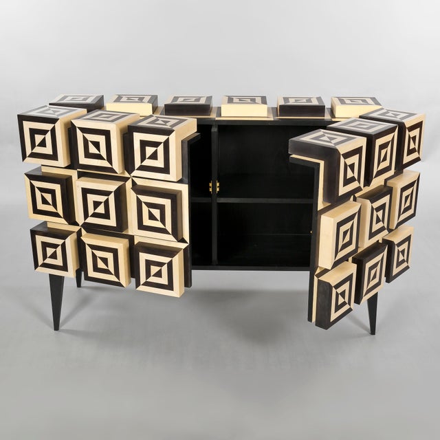 "Ondulation 2" is an arrangement of 42 squares of sycamore marquetry, stained black and white to create a kinetic...