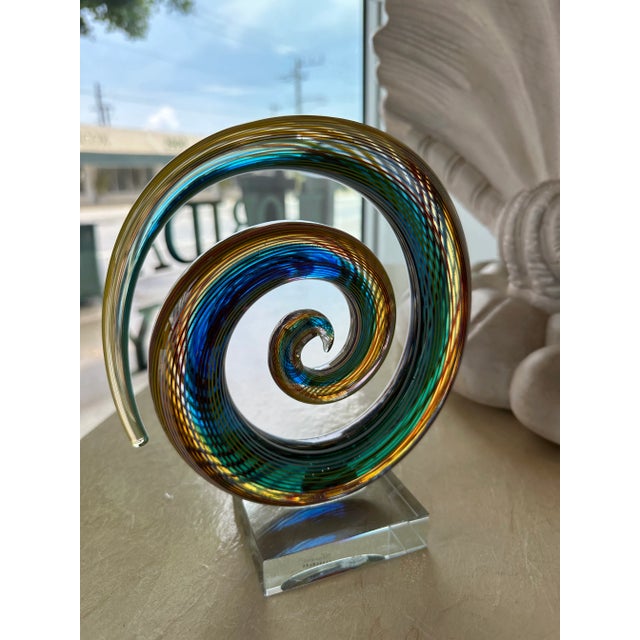 Blue Vintage Murano Glass Colorful Rainbow Swirl on Lucite Abstract Sculpture For Sale - Image 8 of 13