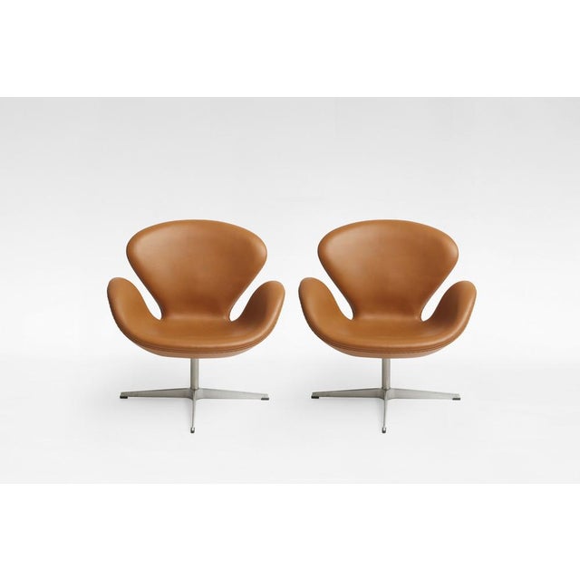 Brown Vintage Swivel Swan Chairs in Cognac Leather by Arne Jacobsen for Fritz Hansen, 1950s, Set of 2 For Sale - Image 8 of 8