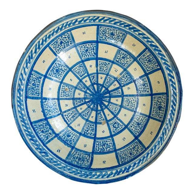 20th Century Moroccan Blue and White Fassi Pottery Wall Charger Bowl For Sale