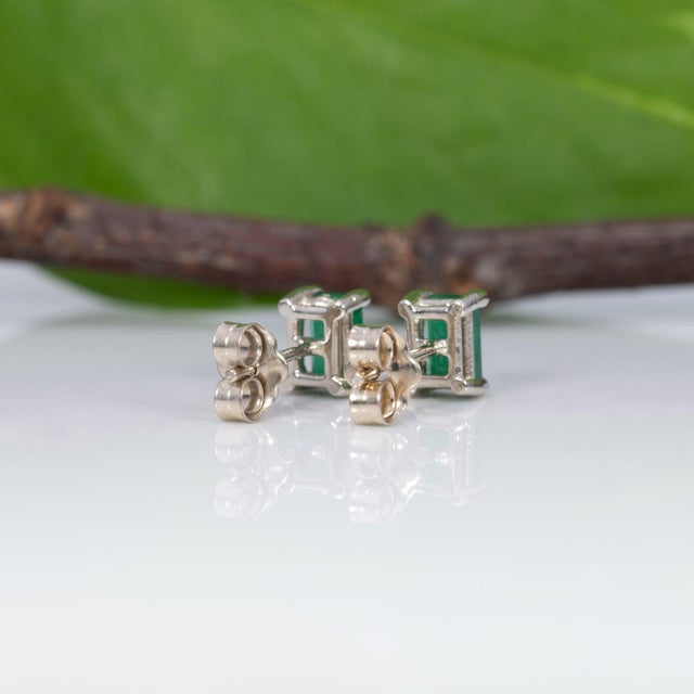 Metal Zambian Emerald Solitaire Stud Earrings, Solid 14k Gold - Emerald Cut 5×3mm, Pair For Sale - Image 7 of 7