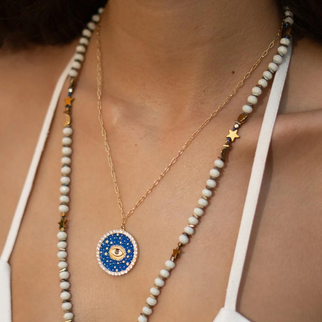 Modern Cosmic Evil Eye Star Medallion Gold Necklace For Sale - Image 3 of 12