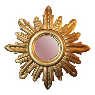 Gold Sun Mirror Giltwood Frame Sunburst Wall Decor 1970s For Sale