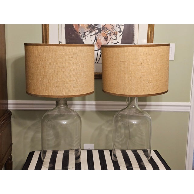 Modern Pair of Large Clear Glass Barrel 3-Way Lamps With Woven Fabric Shades For Sale - Image 3 of 12
