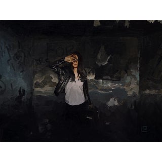 Outrunning Karma by Linda Delahaye | Oil on panel Woman in a leather jacket shielding her face. For Sale