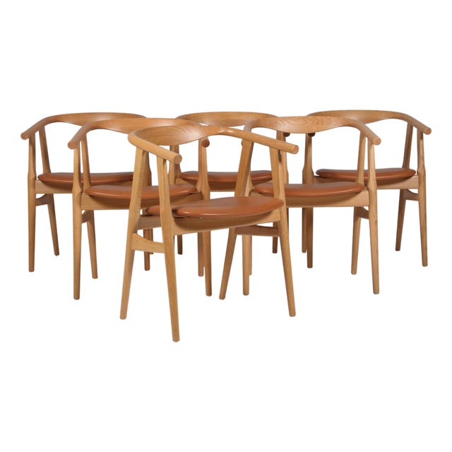 Model GE-525 Armchairs in Oak and Aniline Leather by Hans J. Wegner for Getama, 1990s, Set of 6 For Sale