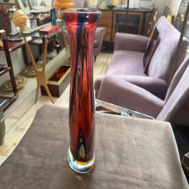 1980s Flavio Poli Modern Pink Blue and Yellow Sommerso Murano Glass Tall Vase For Sale - Image 6 of 12