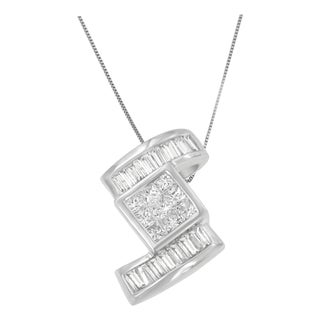 14K White Gold 1 2/5 cttw Princess and Baguette Cut Diamond Zig Zag Pendant Necklace (H-I, SI1-SI2) For Sale