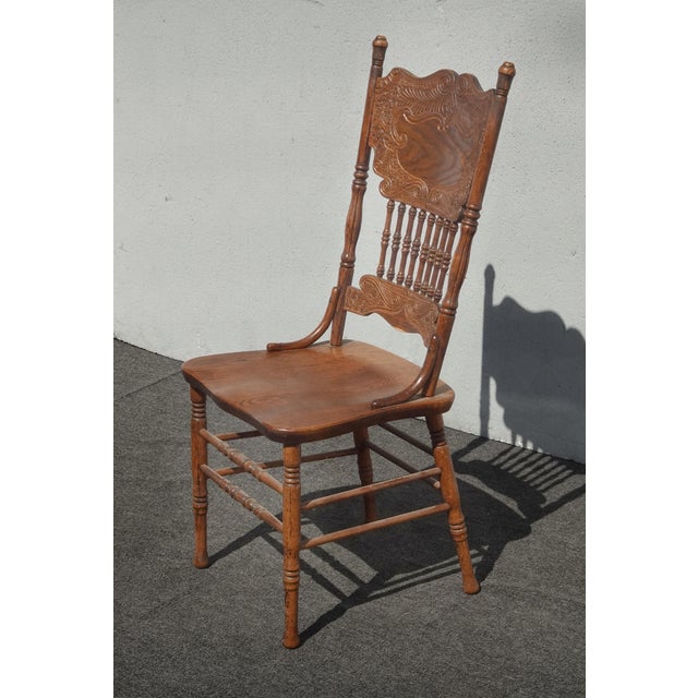 1970s Set of Six Vintage Oak Pressed Back Dining Room Chairs ~ French Country #21 For Sale - Image 5 of 16