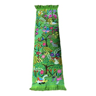Mexico Otomi Green Tree of Life Hand Embroidered Table Runner 17 X 62 For Sale