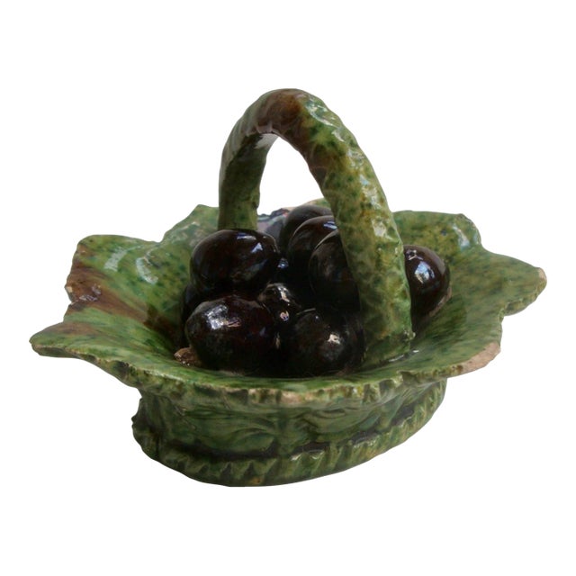 Antique Miniature Majolica Trompe l'Oeil Olives Cabbageware Basket For Sale