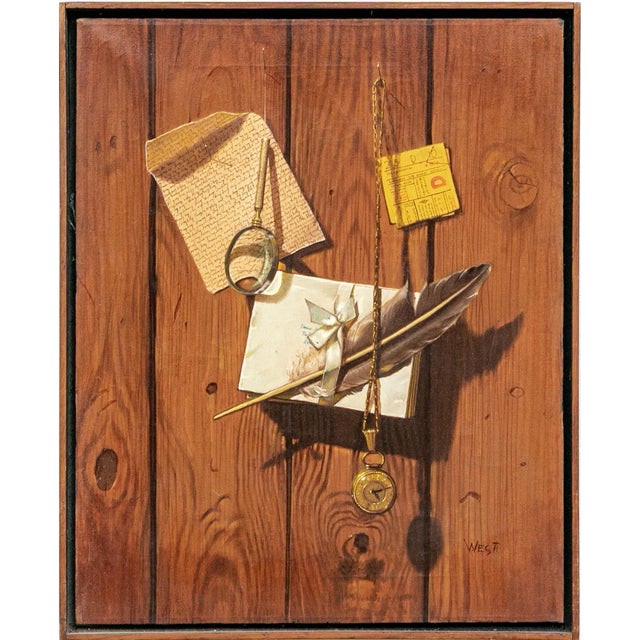 1950s Tromp l'Oeil Still Life Oil Painting on Canvas With Faux Bois Wood Grain Background For Sale - Image 5 of 9