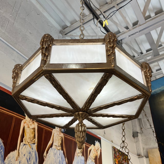 Mid 20th Century Wood Carved Hexagonal and Glass Suspended Cieling Light Chandelier For Sale - Image 4 of 12